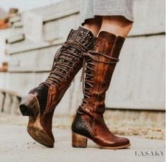 Lasaky - Vintage Lace-Up Knee-High Boots Brown Buckle Boots, Boots With Laces, Knee Boots Outfit, Boho Winter, High Boots Outfit, Brown Knee High Boots, Fashion Closet, Buckle Boots, Martin Boots