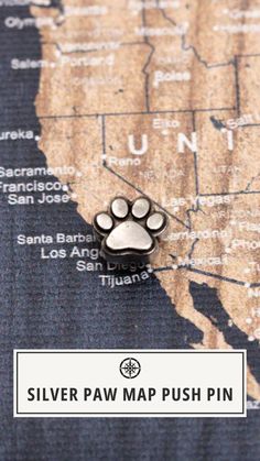 silver paw map push pin on top of a map