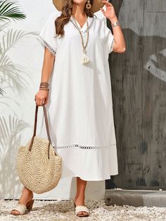 Plus Size White V-Neck Summer Holiday Short Sleeve Dress White Casual  Short Sleeve Woven Fabric Colorblock,Plain Tunic Non-Stretch  Women Plus Clothing, size features are:Bust: ,Length: ,Sleeve Length: Loose Shirt Dress, Plain Tunic, Sports Jackets Women, Plus Size White, Grey Colour Suit, Slim Fit Top, Plus Size Summer, Casual Summer Dresses, Short Sleeve Dress