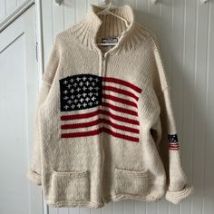 World Of Wool Vintage American Flag Sweater. Zip Up. Size Large. I Am Usually A Medium And This Fits Cozy- Oversized On Me. Amazing One Of A Kind, Hand Knit. Americana Long Sleeve Sweater For Fall, Long Sleeve Americana Sweater For Fall, Fall Americana Long Sleeve Sweater, Americana Long Sleeve Winter Outerwear, Americana Style Long Sleeve Winter Outerwear, Flag Sweater, American Flag Sweater, Vintage American Flag, Zip Up Sweater