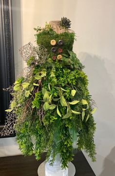 a vase filled with green plants on top of a table