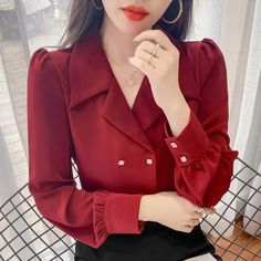 Sexy V-Neck Elegant Office Blouse Shirt – Nada Outfit Land Office Blouse, Casual Blouse Shirts, Shirt Dress Pattern, Button Shirts, Womens Clothing Patterns, Elegant Office, Elegant Blouses, Sleeves Clothing, Chiffon Material