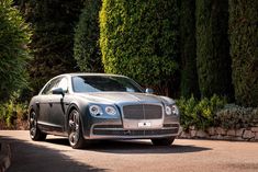 a silver car parked in front of some trees