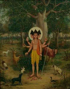 an oil painting of a boy with animals in the background and a tree behind him