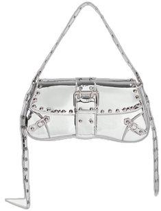 Trendy Party Baguette Crossbody Bag, Trendy Party Crossbody Baguette Bag, Party Crossbody Baguette Bag, Trendy Crossbody Baguette Bag For Party, Punk Shoulder Bag With Rivets, Punk Style Rivet Shoulder Bag, Trendy Silver Baguette Bag For Party, Punk Rivets Shoulder Bag, Punk Style Shoulder Bag With Rivets