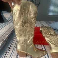 Genuine Leather Size 7 Never Worn No Flaws Gold Gold Boots With Round Toe And Medium Width, Trendy Gold Leather Boots, Casual Gold Pointed Toe Boots, Gold Casual Boots For Party, Casual Gold Ankle Boots, Casual Gold Boots For Party, Gold Cowboy Boots, Homesteading Animals, Western Ankle Boots