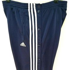 VTG ADIDAS Adibreak Track Pants 2001 Blue White Breakaway Sewn Logo Men's M EUC!. Great looking classic style with breakaway side logo snaps made in 2001. 2 pockets. Elastic waist. Tapered leg. Well made. Condition:  Excellent preowned condition. Gently worn. No holes, no stains and no fading! Please see pictures and measurements. Size: M.  Please see measurements. Material: Polyester Measurements: Measured laying flat in inches.  Waist: 14.5" stretches to 17.5" Front Rise: 13.5" Casual Sports Bottoms With Three Stripes, Casual Three Stripes Bottoms For Sports Events, Blue Adidas Jogging Bottoms, Casual Blue Adidas Bottoms, Blue Striped Jogging Bottoms, Blue Training Bottoms With Three Stripes, Blue Adidas Bottoms For Jogging, Blue Sporty Sweatpants With Three Stripes Branding, Sporty Blue Sweatpants With Three Stripes Branding