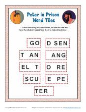 a poster with words and pictures on it that read,'peter in prison word tiles '