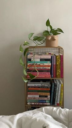 a book shelf filled with books on top of a bed next to a potted plant