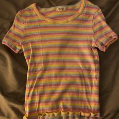 High Mock Neck Baby Tee With Scalloped Bottom, Never Worn! Fitted Rainbow Short Sleeve Tops, Rainbow Fitted Crew Neck Top, Fitted Rainbow Crew Neck Top, Cute Ribbed Cotton Tops, 90s Striped Short Sleeve Tops, 90s Striped Crew Neck Top, Casual Multicolor Ribbed Top, Fitted Rainbow Top For Spring, Striped Fitted Cute Top