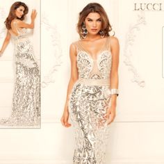 Lucci Lu Evening Dress Size 2, Style 8043 Silver And Gold Sequins Luxury Silver Sleeveless Dress, Luxury Silver Sequined Evening Dress, Luxury Silver Evening Dress With Sequins, Elegant Silver Sleeveless Evening Dress, Elegant Metallic Sequined Evening Dress, Elegant Metallic Evening Dress With Sequins, Silver V-neck Embellished Evening Dress, Silver V-neck Evening Dress For Gala, Glamorous Silver Sparkling Evening Dress