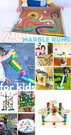 a collage of photos with children playing and building toys in them, including letters