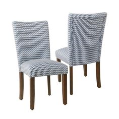 two chairs with patterned upholstered back and wooden legs, one in blue and white