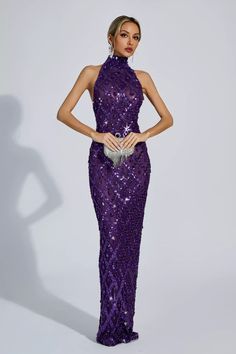 Materials Gown Style For Women, Purple Glam Dress, Purple Dress Formal Classy, Purple Holiday Dress, Mardi Grad, Purple Evening Gown, Purple Sequin Dress, Silver Sequin Top, Glitter Wedding Dress