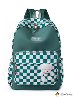 BirdinBag - Grid Pattern Cartoon Bear Backpack with Stylish Functionality Bear Backpack, Preppy Bags, Inch Bag, Plaid Material, Functional Backpack, Bear Decor, Details Pictures, Style Preppy, Cartoon Bear