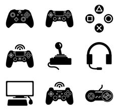 the different types of video game controllers and games consoles, all in black on a white background