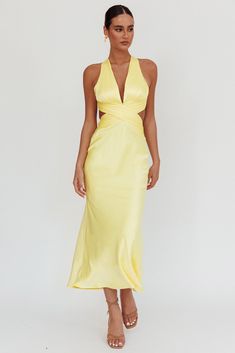 Luminous Dawn Wrap Maxi Dress in lemon, featuring a draped wrap design, V neckline, side cutouts, and a crisscross back. Lemon Fabric, Fall Events, Wrap Maxi Dress, Fall Transition, Early Fall, Maxi Dress Blue, Maxi Wrap Dress, Late Summer, Fall Collections