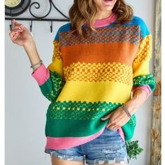 New! Boho Relaxed Colorful Knit Sweater Ombr “Pixelated” Color Block Design In An Array Of Cheerful Colors That Are Sure To Brighten Your Day Contrasting Pink Collar And Trim Slightly Puffed Balloon Sleeves Hit Above Wrist - Great To Layer Over A Long Sleeve Tee Or To Show Off Your Jewelry Fuzzy Knit “Pixels” Add A Fun Little Twist Great For An Apre Ski Hang Or A Cool Spring Or Summer Night A Fabulous Comfy Colorful Sweater That Will Make You Happy Just Looking At It...And Then You Put It On...S Trendy Green Sweater With Color Matching, Trendy Green Patchwork Sweater, Green Color Block Knit Sweater, Yellow Patchwork Winter Sweater, Yellow Patchwork Sweater For Winter, Oversized Green Color Block Sweater, Green Crew Neck Sweater With Color Matching, Retro Green Patchwork Sweater, Multicolor Knit Casual Sweater