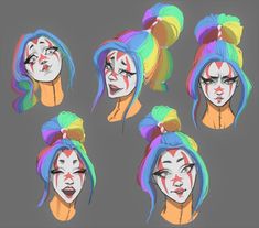 a woman with colorful hair and makeup is shown in different stages of her face painting