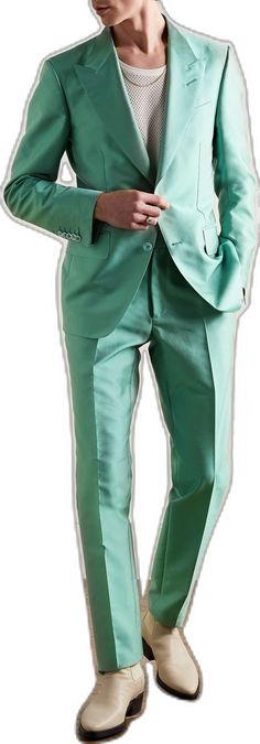 Party Suits With Notch Lapel And Pockets, Green Formal Suit With Pockets, Semi-formal Green Suits With Lapel Collar, Green Formal Blazer With Pockets, Formal Green Blazer With Pockets, Green Single Breasted Tuxedo Blazer, Green Single-breasted Tuxedo Blazer, Green Slim Fit Tuxedo With Notch Lapel, Fitted Suits With Pressed Crease For Spring