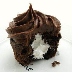 a chocolate cupcake with white frosting on a plate