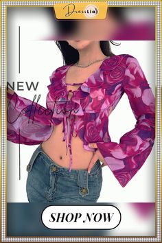 Floral Crop Top Y2k Aesthetic Women Deep V Neck Long Flare Sleeve Tie Up Front T Shirt Fairycore Grunge Clothes Pink Fairycore Tops For Spring, Purple Y2k Crop Top For Summer, Purple Y2k Style Summer Crop Top, Y2k Floral Print Top For Spring, Fairycore Long Sleeve Tops For Spring, Long Sleeve Fairycore Tops For Spring, Spring Fairycore Long Sleeve Tops, Fairy Grunge Fitted Summer Tops, Pink Floral Print Y2k Tops