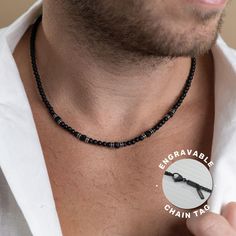 Looking for a gift for your man? You've found the perfect item for this!  Elevate your style with this stunning black onyx necklace for men. This sleek and masculine piece features a bold black onyx pendant that exudes sophistication. The highlight of this necklace is the personalized tag near the clasp, adding a unique touch to make it truly one-of-a-kind. Perfect for everyday wear or special occasions, this striking necklace is sure to make a statement. Makes a thoughtful and stylish gift for the special man in your life. Water proof 4mm Onyx beads Length: 19.68" (50 cm). Every purchase comes packaged in a little pouch. It carefully protects items during the shipping and is perfect for gift-giving or keeping for yourself. For more men's beaded jewelry click the link below: https://www.et Adjustable Black Jewelry For Father's Day, Minimalist Black Jewelry For Father's Day, Black Spiritual Jewelry For Father's Day, Spiritual Black Jewelry For Father's Day, Black Beaded Chain As A Gift, Black Beaded Chain For Gift, Black Beaded Chain Beads As Gift, Elegant Black Jewelry For Father's Day, Minimalist Black Beads For Gifts