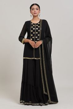 Black and gold acrylic embroidered short kurta. Paired with a ruffled sharara and embroidered border dupatta. - Aza Fashions Kurta Sharara Set, Kurta Sharara, Short Kurta, Women Kurta, Embroidered Border, Straight Kurta, Sharara Set, Embroidered Shorts, Black Acrylic