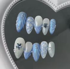 Blue 3d Nail Art, Blue 3d Nails, Blue And White Nail Ideas, Water Nails Design, Nails Design Blue, Bridgerton Nails, Nails Hippie, Blue Nails Design, Blue Acrylics