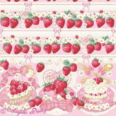 a pink and white wallpaper with strawberries on the top, bottom, and bottom