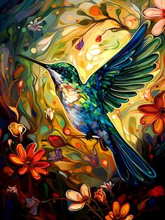 a painting of a hummingbird flying over flowers