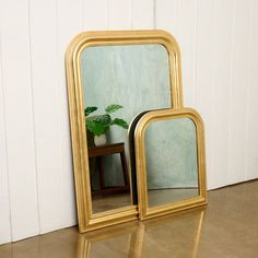 two mirrors sitting next to each other on top of a floor near a plant in a pot