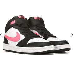 Brand New Black, White & Pink High Top Nikes High Top Nikes, Pink And Black Nikes, Fluffy Boots, Nike Air Max 200, Pink High Tops, Nike Court Borough, Nike Cleats, Nike High Tops, Black Nike Shoes