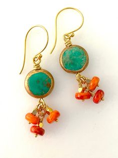 "Genuine turquoise earrings featuring gold copper leaf edged turquoise coins accented with spiny oyster shell and bronze turquoise and 24k gold vermeil. Gold copper edged genuine turquoise coins are two-sided and measure 12 x 4 mm. Spiny oyster shell turquoise rondelles are from Kingman Turquoise Mines in Arizona. Tiny faceted 24k gold vermeil cubes accent gems on handmade 24k gold vermeil French wires. Total drop is 1 3/4\"." Hammered Copper Turquoise Jewelry, Turquoise Hammered Copper Jewelry, Moon Face Earrings, Copper Leaf, Aquamarine Earrings, Spring Jewelry, Earrings Inspiration, Yellow Earrings, Plastic Jewelry