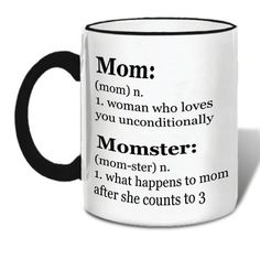 a black and white coffee mug with the definition of mom on it's side