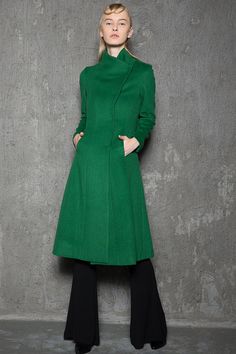 Woman's Asymmetrical Coat  Emerald Green Long Warm by YL1dress Elegant Green Wool Coat For Winter, Classic Green Wool Coat With Long Sleeves, Elegant Green Long Wool Coat, Green Double-breasted Wool Coat For Winter, Sleek Dresses, Vintage Green Long Coat, Long Green Coat, Womens Outerwear, Belted Wrap Coat