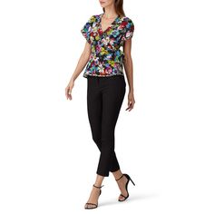 Floral printed crepe (100% Viscose). Top. Short sleeves. V-neckline. 22 from shoulder to hemline. Imported. Floral Print V-neck Tops For Work, Fitted Spring Blouse With Notched Neckline, Fitted Blouse With Notched Neckline For Spring, Fitted V-neck Blouse With Floral Print, V-neck Printed Blouse For Workwear, Multicolor V-neck Blouse For Work, Multicolor V-neck Workwear Blouse, V-neck Floral Print Viscose Blouse, Floral Print Viscose V-neck Blouse