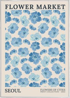 a blue and white flower market poster