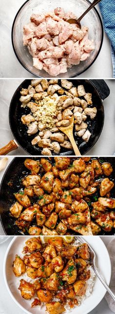 the process of cooking chicken and rice in different pans on top of each other