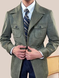 Men's Cowboy Slim Fit Suede Jacket
Features：

 	Product ID:SJ0011
 	Material:Polyester,Spandex
 	Season:Spring,Summer,Autumn,Winter
 	Color:Light Brown,Army Green,Black

Size Chat： Fitted Khaki Outerwear With Stand Collar, Khaki Sport Coat With Flap Pockets, Khaki Long Sleeve Sport Coat With Welt Pockets, Fitted Single Breasted Khaki Outerwear, Casual Sport Coat With Lapel Collar For Outdoor, Khaki Single-breasted Outdoor Outerwear, Fitted Single-breasted Khaki Outerwear, Khaki Fitted Outerwear With Lapel Collar, Khaki Collared Sport Coat For Fall