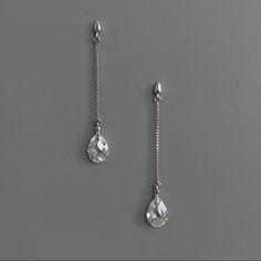 New Post Style 925 Sterling Silver Rock Crystal, Clear, Faceted Length - 1 7/8” Width - 1/4” Sterling Silver Earrings With Silver Chain For Party, Sterling Silver Chain Earrings For Party, Elegant Drop Earrings With Silver Chain, Elegant Silver Chain Drop Earrings, Elegant Silver Chain Dangle Earrings, Elegant Dangle Earrings With Silver Chain, Sterling Silver Drop Linear Earrings For Party, Sterling Silver Long Drop Jewelry With Silver Chain, Silver Dangle Teardrop Earrings For Formal Occasions