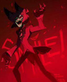 an animated character in a red and black outfit with his arms out, holding two hands up