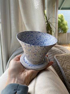 a person holding a blue and white bowl in their hand on a couch next to a window