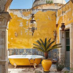 a yellow bath tub sitting next to an orange wall and potted plant in front of it