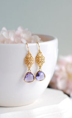 Purple Earrings Gold Earrings Filigree Amethyst Purple by LeChaim Elegant Lavender Earrings For Party, Elegant Crystal Earrings With Gemstones For Wedding, Elegant Gemstone Crystal Earrings For Wedding, Purple Drop Chandelier Earrings For Formal Occasions, Purple Pierced Earrings For Wedding, Purple Crystal Earrings For Wedding, Purple Dangle Bridal Earrings For Formal Occasions, Elegant Purple Dangle Chandelier Earrings, Elegant Lavender Drop Earrings