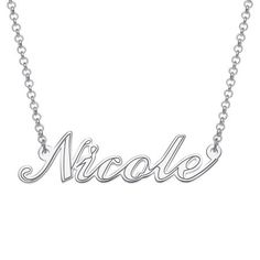 Choosing the right piece of women’s jewelry helps enhance confidence and lets individual styles stand out. Our Personalized Script Name with Outline Sterling Silver Necklace for women is a unique sterling silver chain that no one else can copy. There’s no limit to the exciting experience of wearing personalized jewelry. This piece features an elegant outline script font and makes a one-of-a-kind addition to any jewelry collection. Make it yours by customizing it with your name or give it to a close friend as a thoughtful gift. 18” sterling silver link chain includes a 2” extender with a lobster claw clasp.  Specify name up to 12 characters. First letter will be capitalized, no symbols, numbers or punctuation available. Standard shipping only. Expedited shipping not available. Cannot be sen Personalized Sterling Silver Name Necklace With Adjustable Chain, Customizable Classic Name Necklace, Trendy Personalized Name Necklace, Trendy Customized Name Necklace, Trendy Customizable Silver Necklace, Classic Name Necklace As Personalized Gift, Classic Name Necklace For Personalized Gift, Customizable White Name Necklace, Classic Engraved Name Necklace