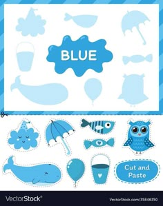 blue paper cut and pastee with an owl, fish, umbrella and other items