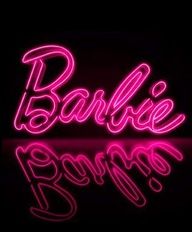 the word barbie is lit up in pink neon lights on a black background with an inscription below it