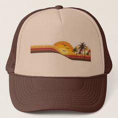 retro summer design 70s sunset palms Baseball Accessories, Custom Trucker Hats, Retro Accessories, Baseball Trucker Hat, Retro Gift, Retro Summer, 1970s Fashion, Retro Designs, 70s Retro