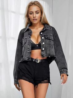 Get ready to make a statement with our raw edge ripped denim short jacket! This trendy piece is perfect for adding an edgy touch to any outfit. With its unique raw edge and ripped details, you'll stand out in style. Elevate your wardrobe and show off your bold fashion sense with this must-have jacket. Gender: Female Se Streetwear Jackets, Denim Fashion Women, Jackets Black, Short Denim, Denim Short, Solid Clothes, Denim Jackets